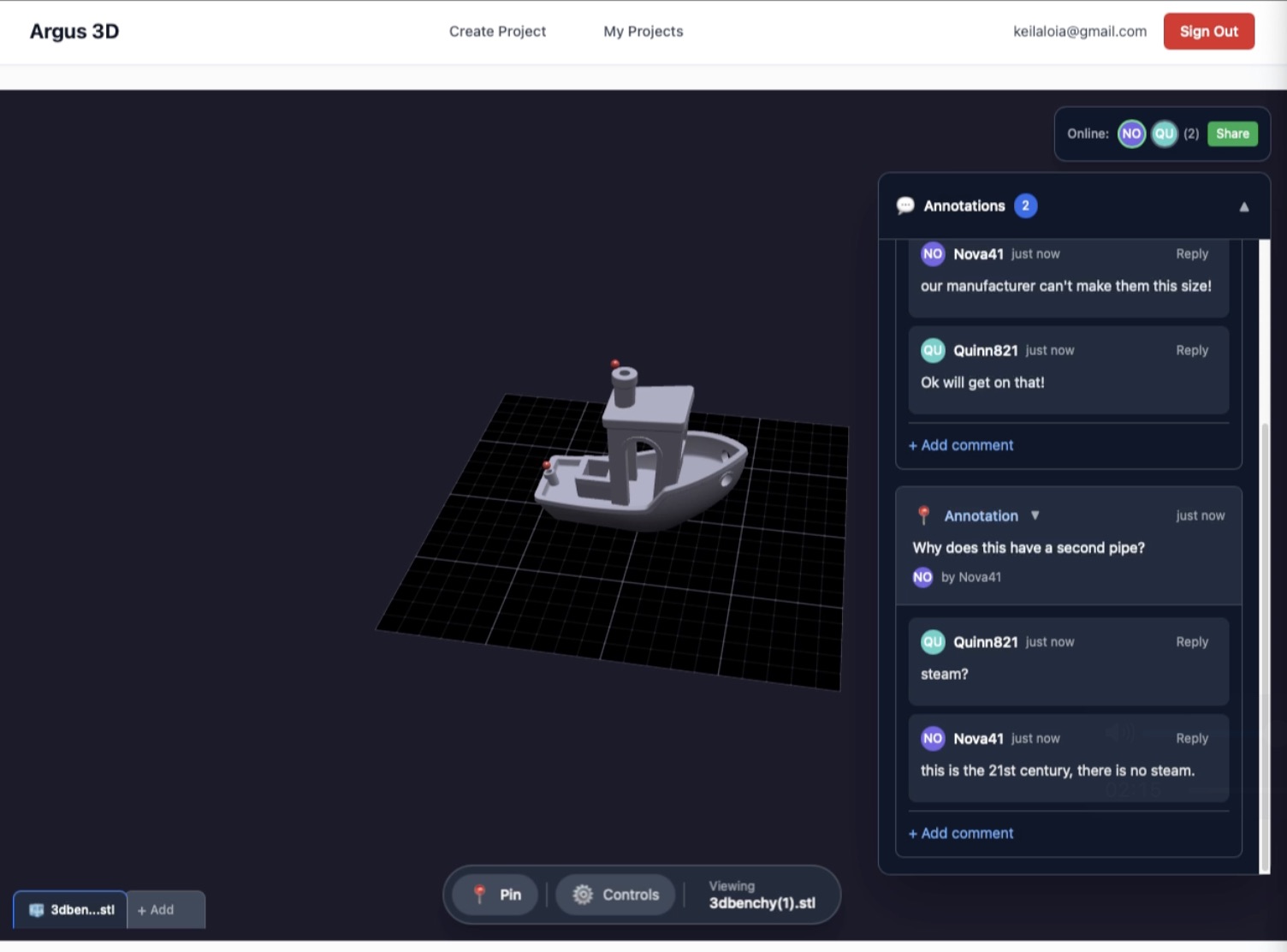 Vectorah 3D model with pinned feedback, live threads, and real-time collaboration